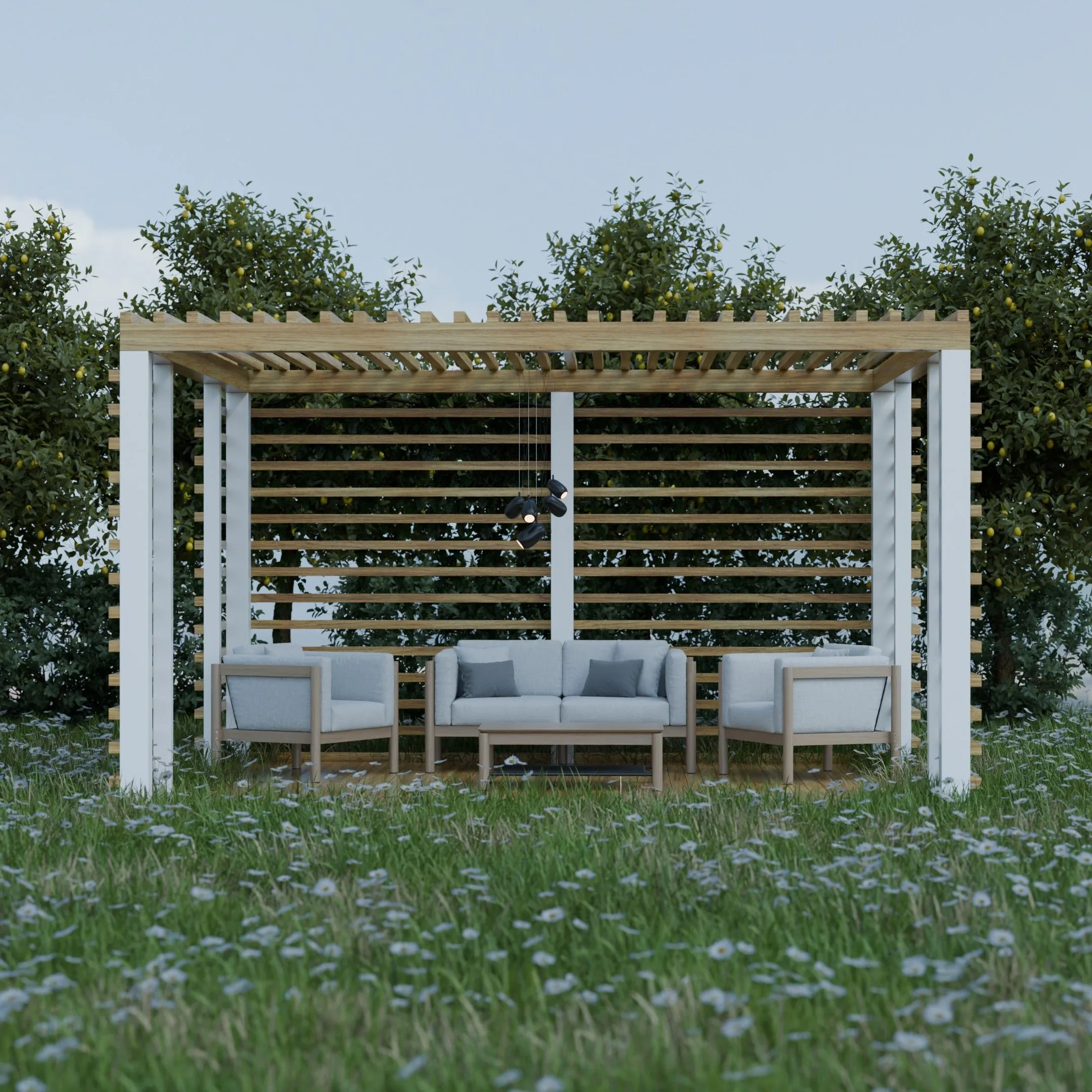 Modern white pergola with wooden slats and gray outdoor seating in a manicured lawn.