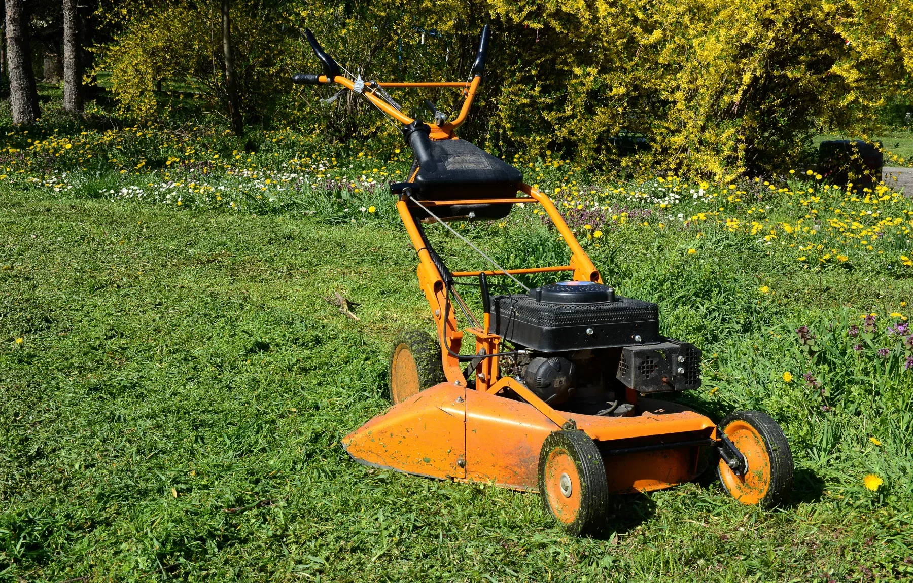 An older-style bright orange push lawn mower with a black gasoline engine on top and a tall handlebar, standing idle in a pat