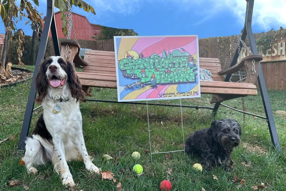 Two dogs sitting in a grassy yard next to a colorful painted sign for Grantlanta Lawn landscaping service.